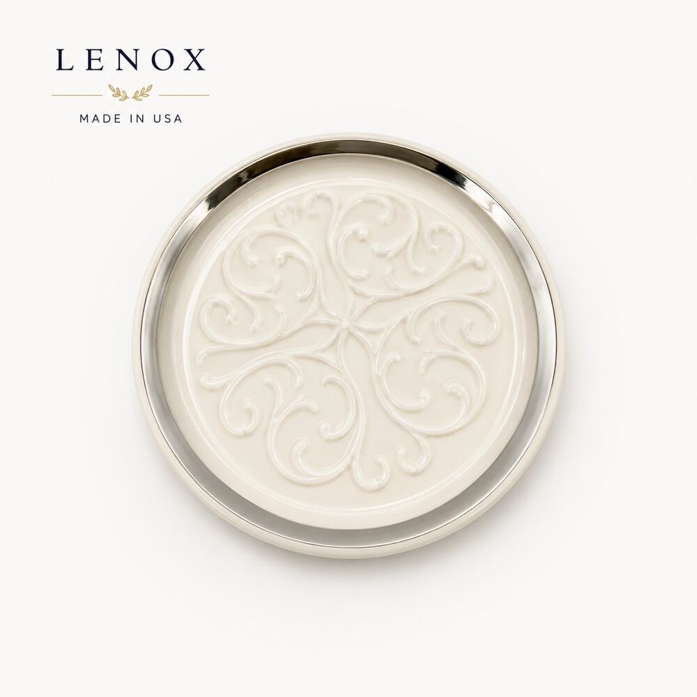 Lenox Ivory Porcelain Coaster Platinum Scroll Trinket Dish Made USA